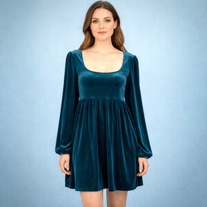 ModCloth Size Large L Teal Velvet Scoop Neck Long Bell Sleeve Babydoll Dress